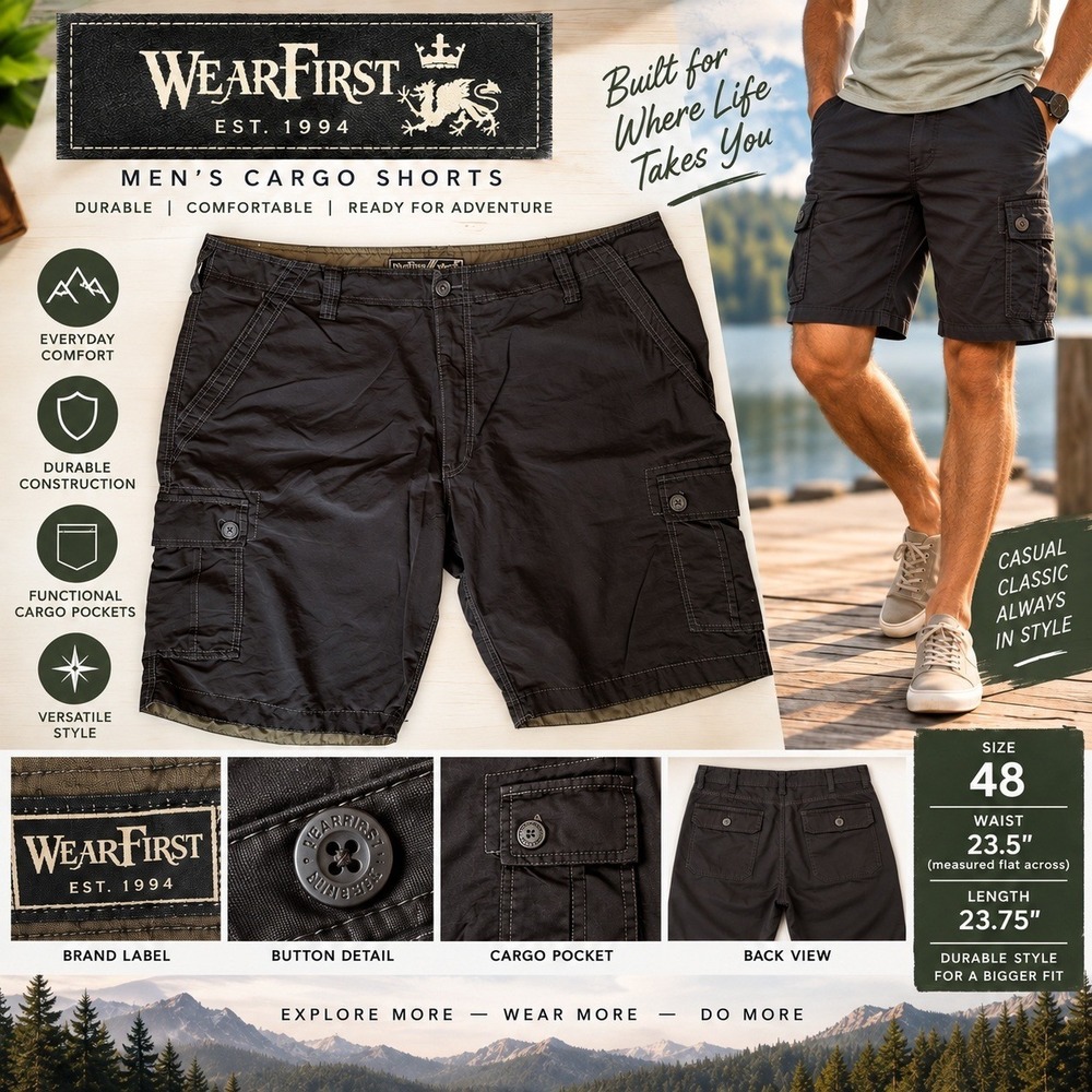WearFirst Men's Cargo Shorts Size 48 Black Big and Tall Casual Outdoor Work